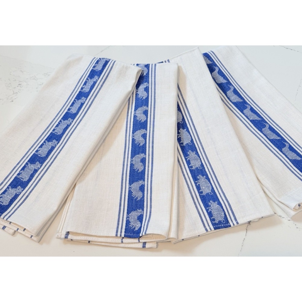 VTG Kitchen Dish Towel Blue White Stripe Shabby Farmhouse Hen Rooster NOS 4PC